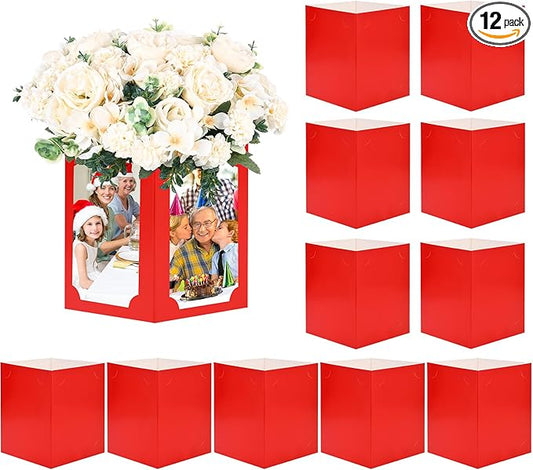 12 Pcs Picture Centerpieces for Table - 6 Inch Photo Display Frame & Hollow Picture Props Box for Christmas, Wedding, Birthday Party Table Decoration (Red)
