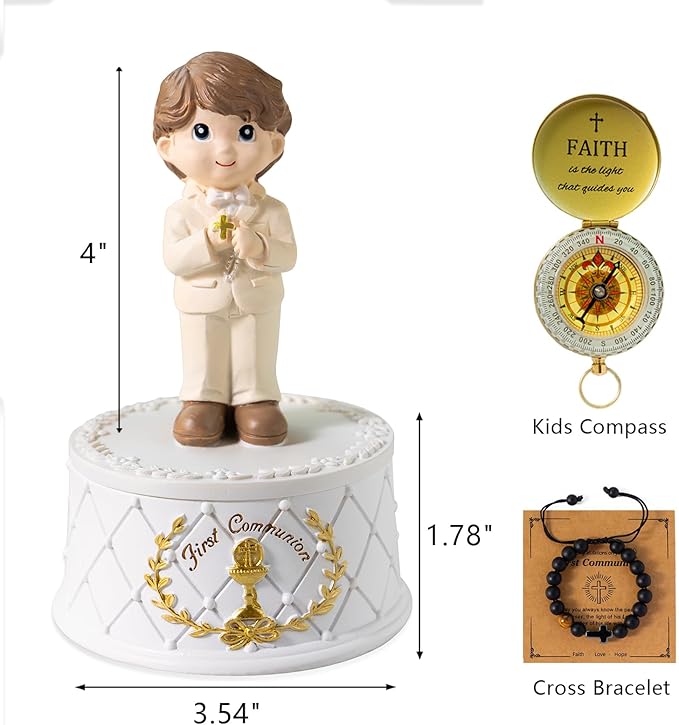 First Communion Gifts for Boys- First Holy Boy Figurine with Keepsake Box & Compass for Kids & Cross Bracelet Included, 1st Communion Gifts for Boys