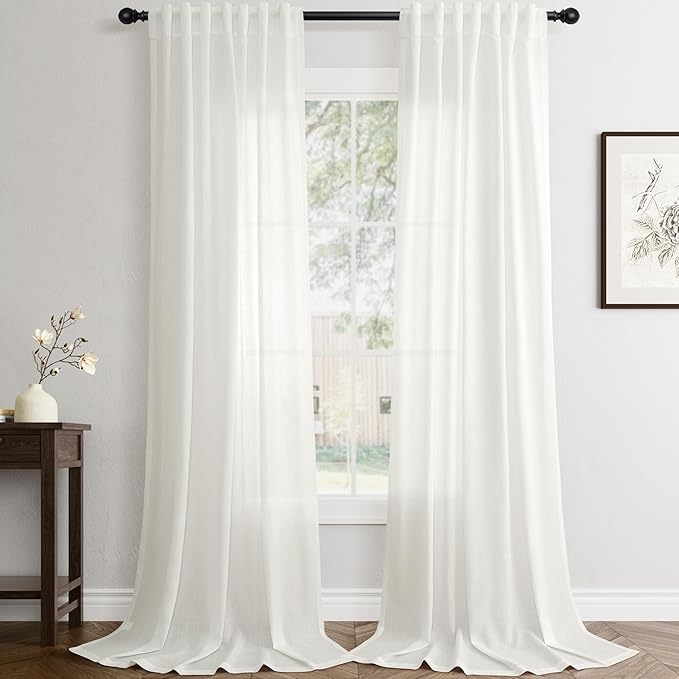 Jowels Ivory Linen Curtains 90 Inch Long 2 Panels for Living Room | White Light Filtering Semi Sheer Curtain,Back Tab Pocket Pleated Look,Farmhouse Textured Privacy Drapes for Bedroom Window