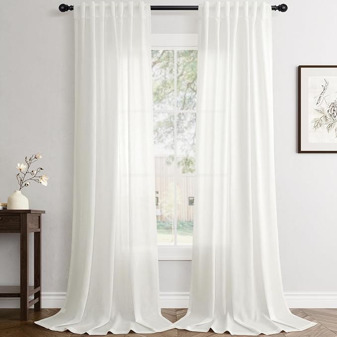 Jowels Ivory Linen Curtains 96 Inch Long 2 Panels for Living Room | White Light Filtering Semi Sheer Curtain,Back Tab Pocket Pleated Look,Farmhouse Textured Privacy Drapes for Bedroom Window