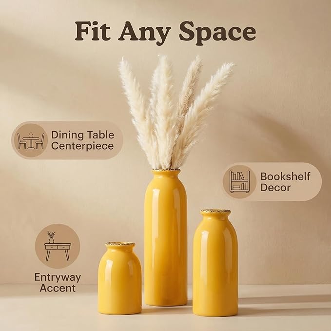 CWLWGO-Ceramic Yellow Vase Set of 3, Decorative Vases for Modern Farmhouse Decoration, Living Room Accents & Dining Table Centerpieces, Idea Bookshelf Mantel and Entrance Decor.