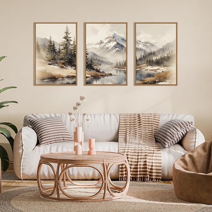 Watercolor Misty Mountain Framed Canvas Wall Art Set, Foggy Pine Tree Wall Decor, Winter Landscape Wall Painting, Nature Snowy Forest Art Print for Living Room, Bedroom, Office -16"X24"X3