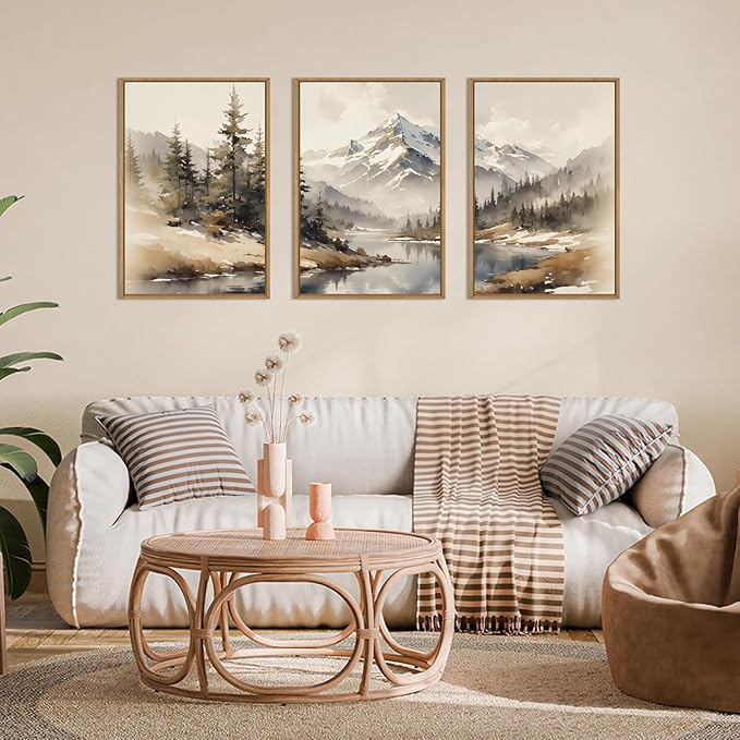 Watercolor Misty Mountain Framed Canvas Wall Art Set, Foggy Pine Tree Wall Decor, Winter Landscape Wall Painting, Nature Snowy Forest Art Print for Living Room, Bedroom, Office -24"X36"X3