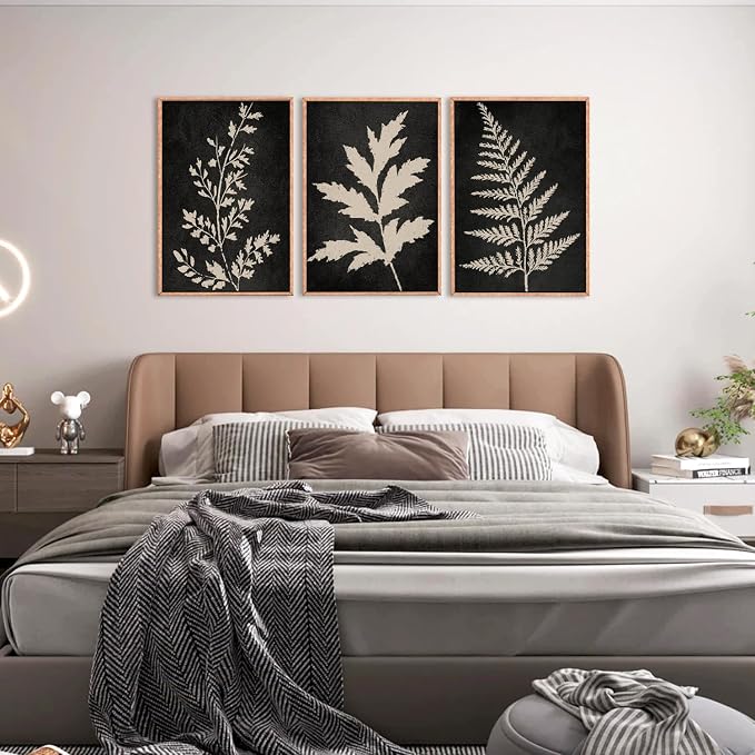 Black Tan Fern Leaf Framed Canvas Wall Art Set, Minimalist Botanical Wall Decor, Nature Fern Plant Silhouette Wall Painting, Modern Rustic Art Print for Living Room, Bedroom, Office -36"x24"x3