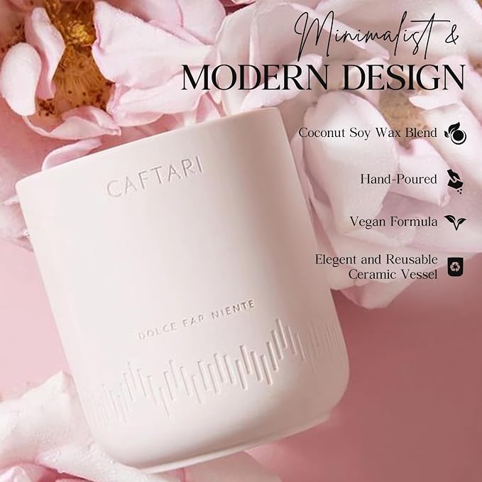 CAFTARI Dolce Far Niente Scented Candle for Women & Men | Rose and Sandalwood | Non Toxic Candle | Premium Soy Coconut Wax Blend | Vegan Aromatherapy | Elegant Ceramic Jar | Luxury Gift | 10.5 oz