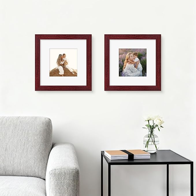 Picrit 12x12 Picture Frame Set of 12, Display 8x8 with Mat or 12 x 12 without Mat, Photo Frames for Wall Mounting Display, Dark Red Wood