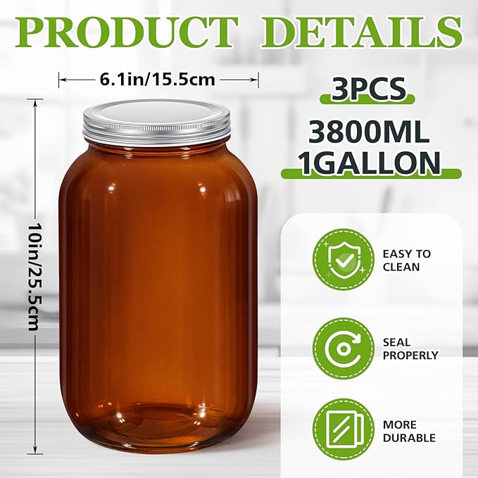 Norme 3 Pcs 1 Gallon Wide Mouth Mason Jars, 128 oz Amber Glass Jars with Lids Large Wide Flour Sugar Storage Containers, Glass Container for Fermented Food, Sourdough Starter, Food Storage