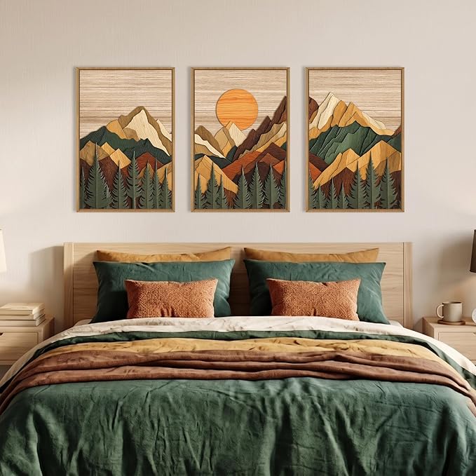 Large Woodcut Style Mountain Framed Canvas Wall Art Set, Woodsy Rustic Ridge Wall Decor, Boho Pine Tree Forest Wall Painting, Abstract Sunrise Wooden Art Print for Living Room, Bedroom, Office - 24"X36"X3(Not-3D Effect)