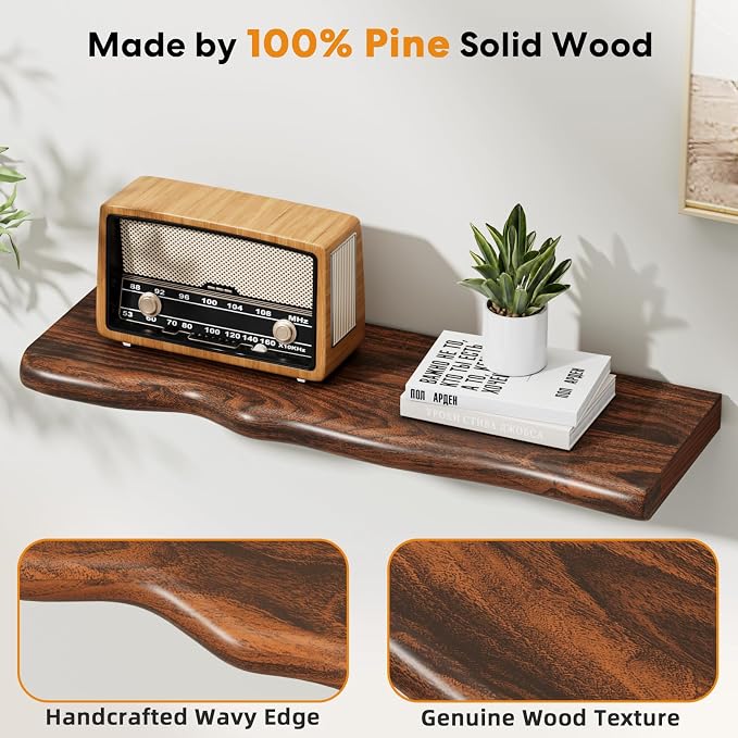 Solid Wood Live Edge Floating Shelves Set of 2 – 24" Rustic Wall Shelf with Hidden Bracket System, Wall Mounted Shelves for Bathroom, Kitchen, Living Room, Bedroom (Classic Walnut)