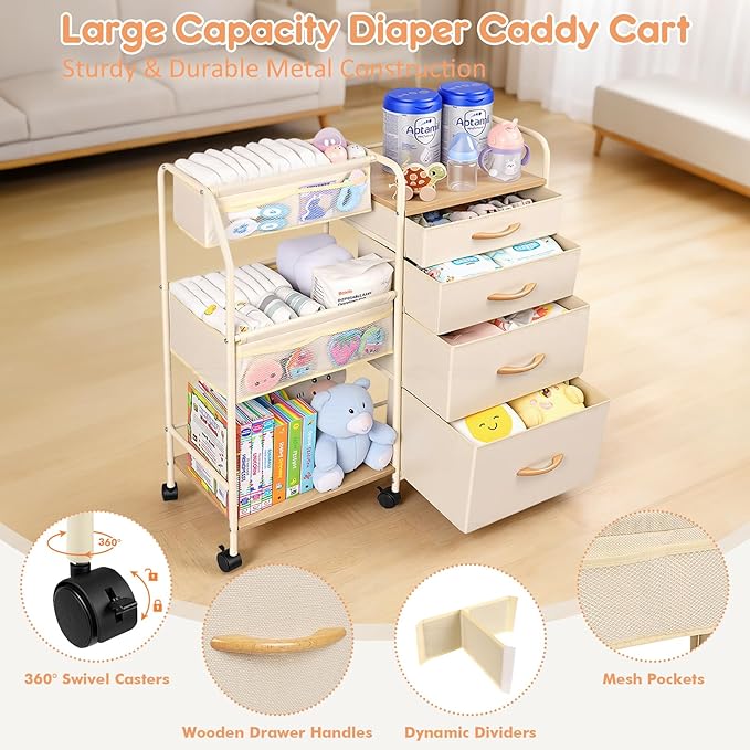 Fabuday Baby Diaper Caddy Organizer Cart - 4 Tier Rolling Diaper Cart with Wheels, Baby Essentials Organizers and Storage, Mobile Utility Carts for Bedside, Crib Nursury, Bedroom, Changing Table