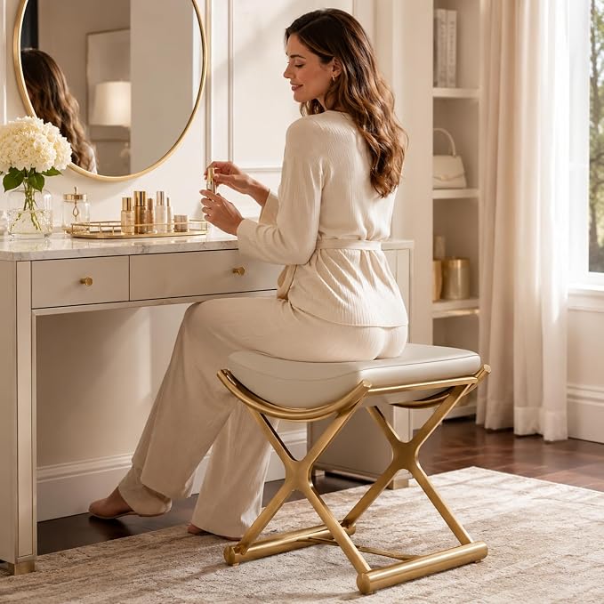 CHSSIH Vanity Stool Chair for Makeup - Small Backless Leather Stool for Vanity - Modern Ottoman Bench Seat with Metal X Legs, Footstool for Bathroom & Living Room - Gold