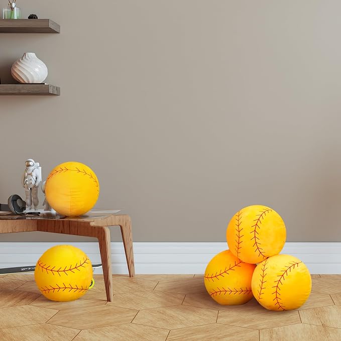 Gerrii 4 Pcs Softball 3D Sports Pillow Fluffy Plush Stuffed Throw Pillow Sport Theme Plush Stuffed Cushion Gift Decor (Softball)