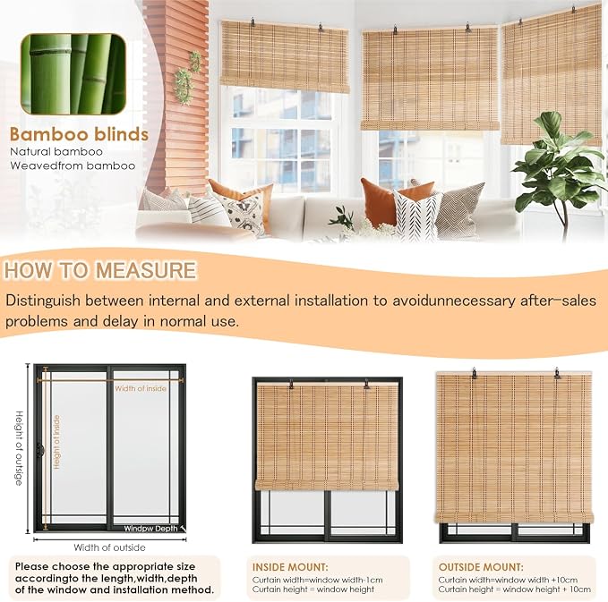 Bamboo Shades for Outdoor Patio, Custom Bamboo Blinds for Indoor Windows, Natural Woven Wood Window Blinds, Light-Filtering & Privacy Protection Roll Up Shades,Easy to Install