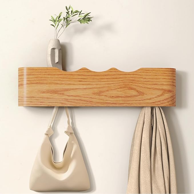 Wall Mounted Coat Rack with Shelf, Wooden Entryway Organizer with Hidden Metal Hooks for Hanging Coats Bags Keys, Modern Floating Shelf for Hallway Bathroom