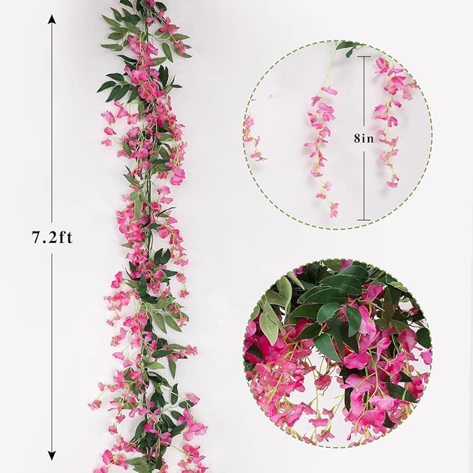 Veryhome 3Pcs 7.2Ft/Piece Artificial Flowers Wisteria Garland Artificial Wisteria Vine Hanging Flower Greenery Garland for Home Garden Outdoor Wedding Arch Floral Decor (Fuchsia)