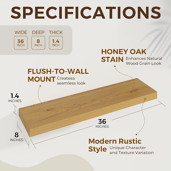Dreamland 36Inch Floating Shelves 8" Deep Wall Mounted Set of 2 Oak | Wall shelves for bathroom, bedroom, kitchen, deep wall mount wood storage display for home decor 36" x 8"