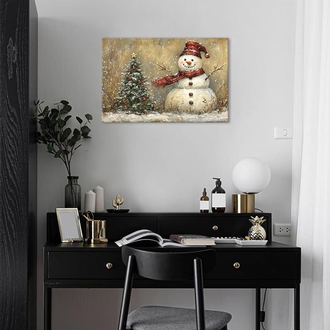 Christmas Snowman Wall Art Farmhouse Winter Snow Scene Holiday Prints Artwork for Bedroom Living Room Vintage Christmas Decor Green Pine Tree Picture Bathroom Fireplace Xmas Home Decoration 16x24"