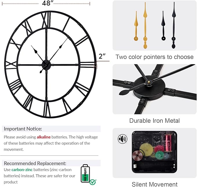 Oversized 48 inch Knocked-Down (KD) Wall Clock for Living Room Decor – Extra Large Silent Non-Ticking Modern Farmhouse Wall Clock, Decorative Metal Roman Numeral Clock, Black