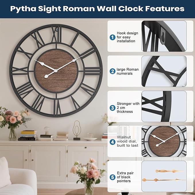 Pytha Sight 14 Inch Large Wall Clocks for Living Room Decor,Big Silent Battery Operated Metal Wall Clock,Rustic Modern Farmhouse Roman Numerals Wall Clock for Kitchen,Office,Bedroom,Dinng Room