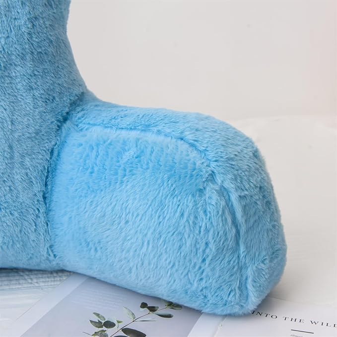 A Nice Night Faux Fur Reading Pillow Bed Wedge Adult Children Backrest with Arms Back Support for Sitting Up in Bed/Couch for Bedrest,Large Size,Babyblue