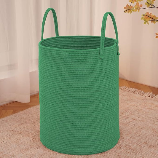 JMvicyroam Large Woven Laundry Basket Hamper,60L Cotton Rope Storage Bin for Blankets,Toys and Clothes,Decorative Tall Nursery Hamper for Living Room,Baby Nursery,Bathroom and Bedroom,Dark Green