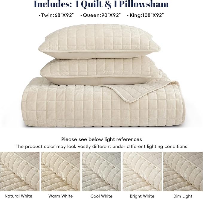 PHF Luxurious Velvet Quilt Set Queen Size – 3PCS Super Soft Quilted Comforter Alternative with Square-Box Quilt Pattern, Warm Quilted Bedspread Coverlet, 90" x 92", Sand
