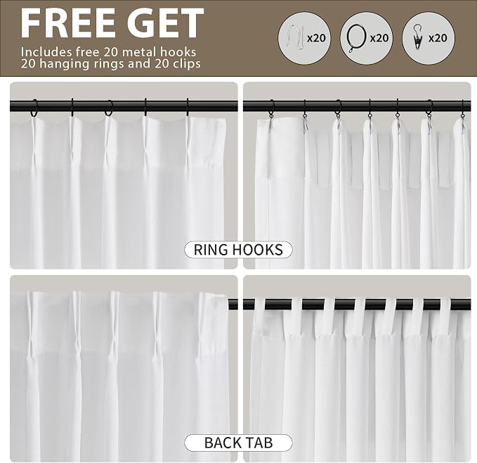 Snow White Pinch Pleated Linen Curtains 102 Inches Long 2 Panels for Living Room Bedroom Country Elegant Farmhouse Back Tab Privacy Light Filtering Semi Sheer Pleated Drapes with Hooks Rings 40x102