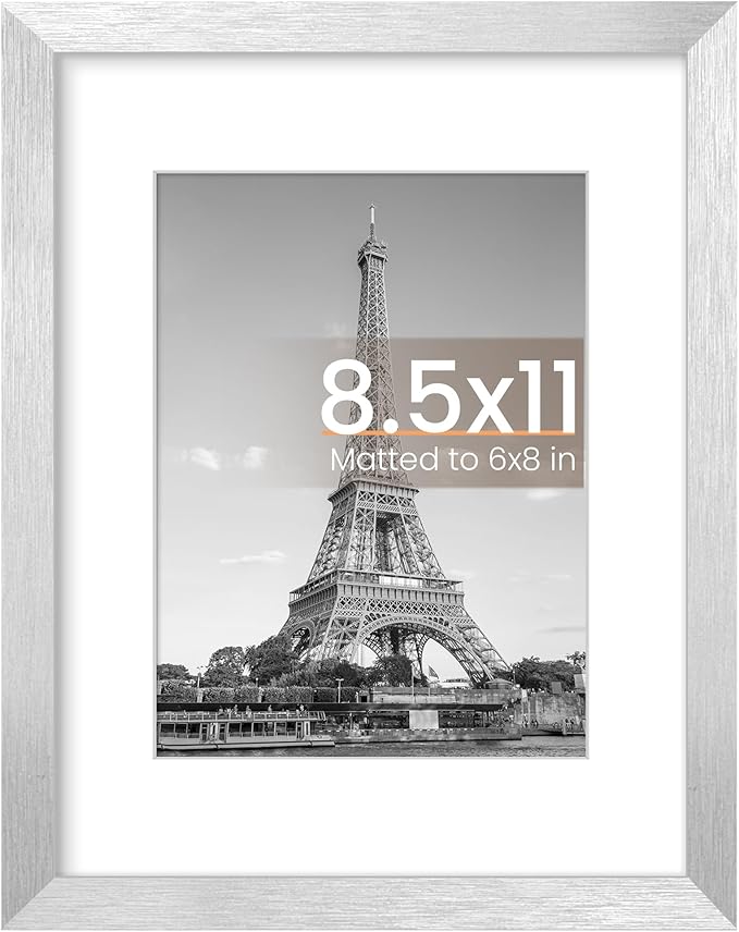 upsimples 8.5 By 11 Picture Frame, Display Pictures 6x8 with Mat or 8.5 x 11 Without, Wall Hanging Photo Frames, Silver, 1 Pack