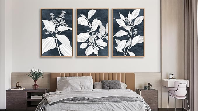 Large Botanical Wall Art for Living Room Natural Wood Float Framed Art Set of 3 White Plant Canvas Pictures Minimalist Artwork Indigo Canvas Prints for Bedroom Home Office Wall Decor 20"X28"X3