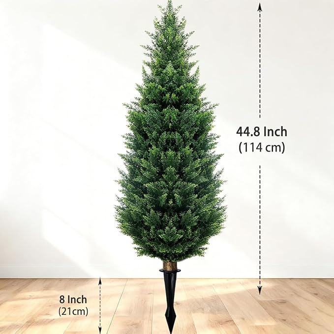 4Ft Artificial Cedar Topiary Trees (4-Pack) - UV Resistant Fake Shrubs with Ground Spike for Outdoor & Indoor Use, Front Porch, Garden Decor