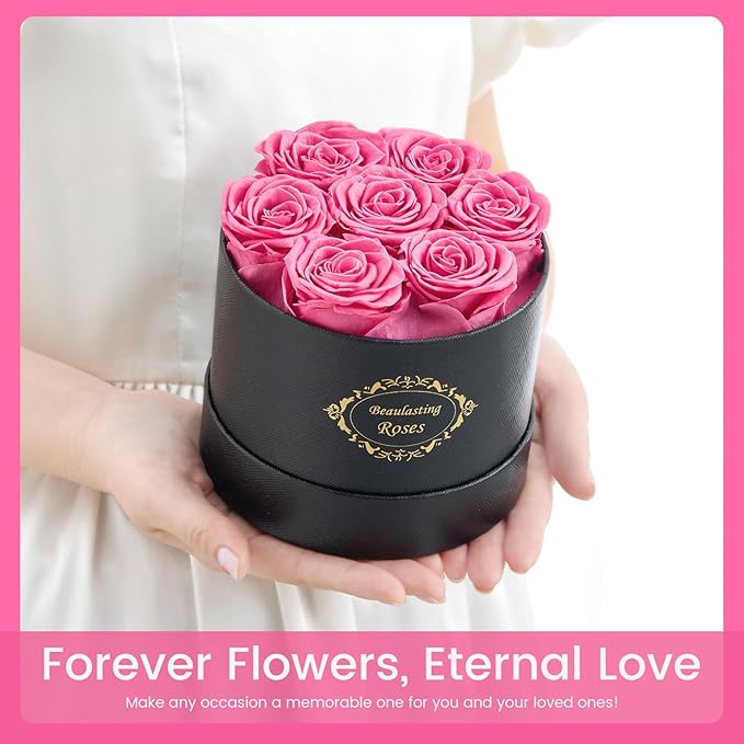 Beaulasting Long Lasting Preserved Roses in a Box Last a Year Forever Flowers for Her Mom Wife Anniversary Birthday (Round Black Box, Pink)