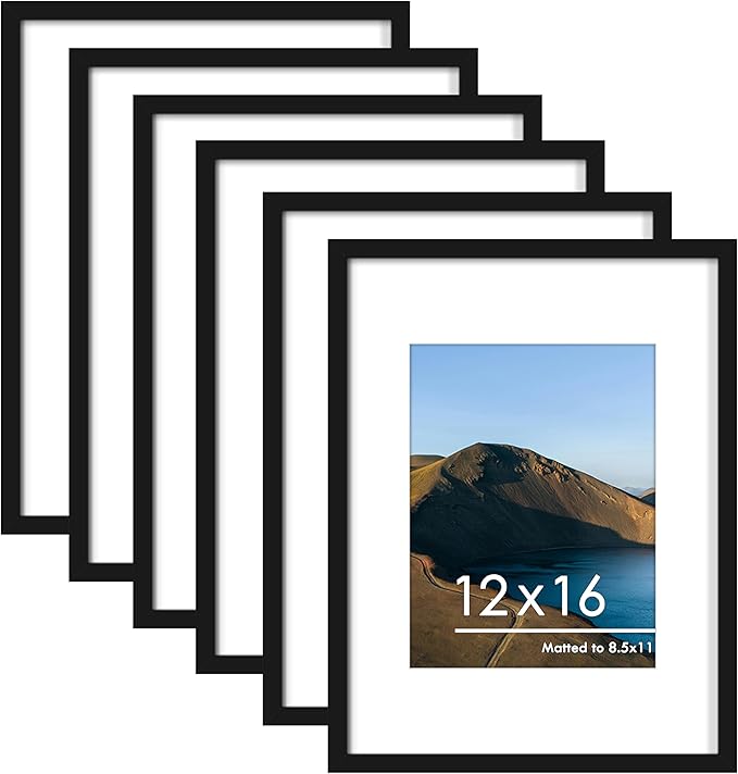 PEALSN 12x16 Picture Frame Set of 6, Display Pictures 8.5 x 11 with Mat or 12 x 16 without Mat for Wall Mounting Display, Photo Frames Collage for Wall Decor, Black.
