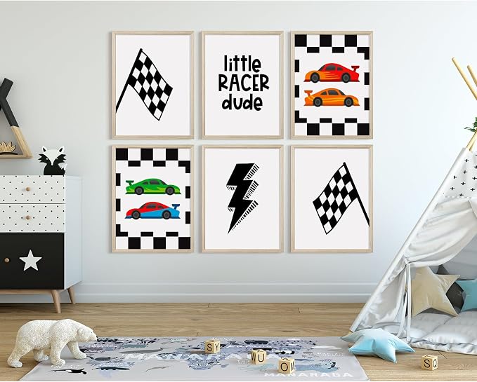 Race Car Wall Art Pictures Boys Room Wall Decor Nursery Toddler Canvas Wall Art Kids Playroom Art Prints Boys Race Car Poster Nursery Artwork Set of 6 for Bedroom 12x16 Inch Wood Framed