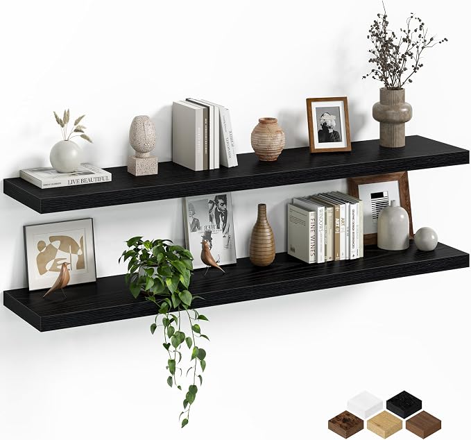 Fun Memories Floating Shelves for Wall, 48 Inch Long Set of 2 Rustic Wood Wall Shelves with Invisible Brackets, Heavy Duty Storage Display for Living Room Bedroom Kitchen, Black