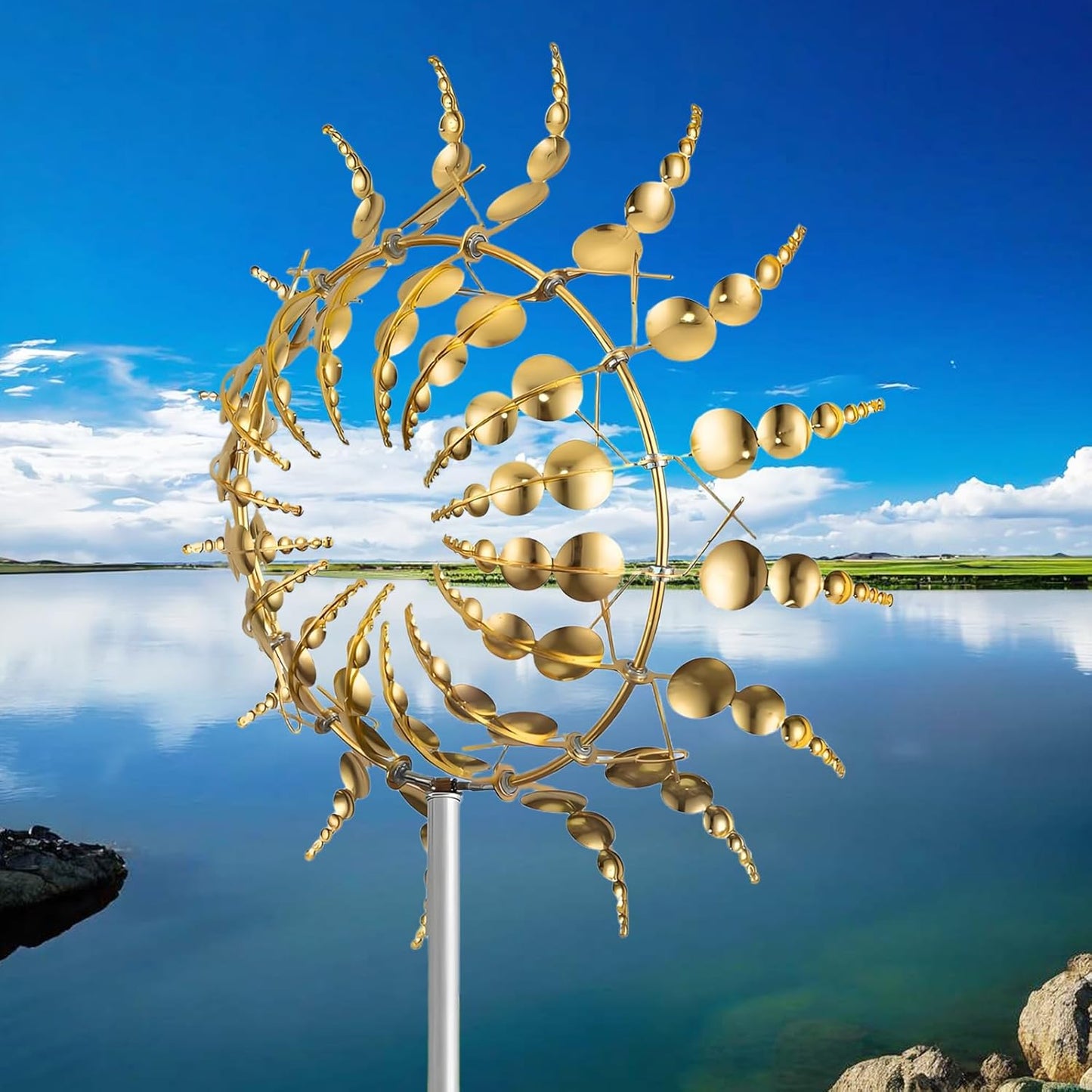 Unique and Magical Metal Windmill, 2Pcs Wind Spinners, 3D Wind Powered Kinetic Sculpture, Stainless Steel Wind Spinners, Wind Mill for Yard and Garden (2PCS-Golden)