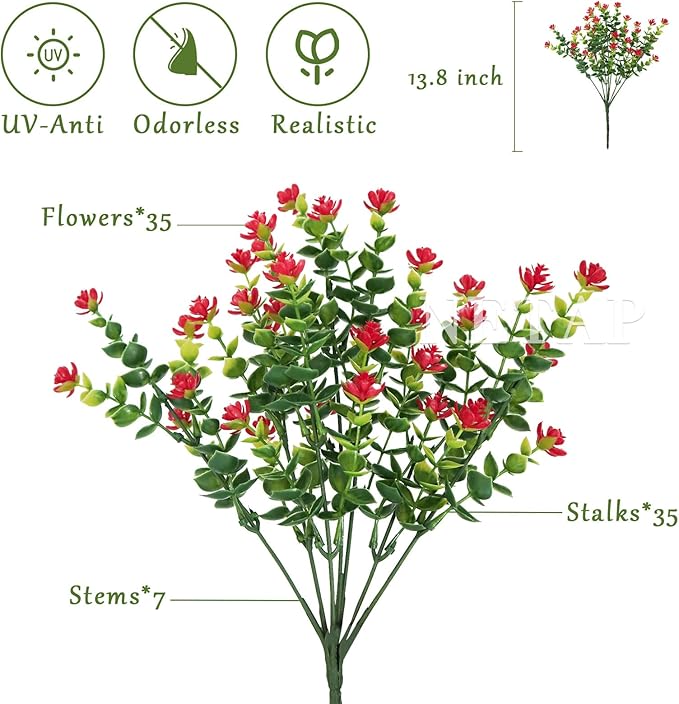 NETAP Outdoor Artificial Flowers UV Resistant, 20 Bundles Fake Realistic Floral Greenery Plants for Outside Porch, Window Boxes, Garden, Yard, Inside Home Table Decor, Red
