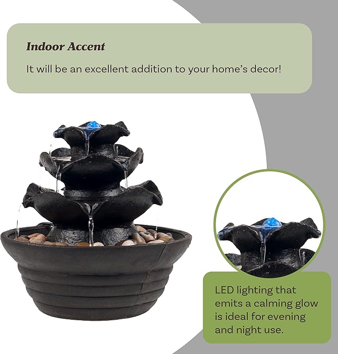 Indoor Fountain with LED Lights – Cascading 3-Tier Lighted Tabletop Water Feature with Soothing Sound – Zen Décor for Home or Office by Pure Garden