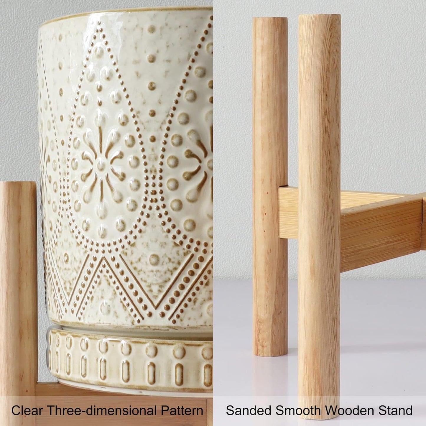 8 Inch Plant Pot with Stand, Ceramic Planter with Drainage Holes, Saucers and Mesh Pads for Indoor-Outdoor Plants