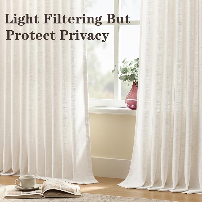Extra Wide Pinch Pleated Linen Curtains for Living Room Sliding Glass Door, Beige White Light Filtering Curtain 84 Inches Long Textured Thick Pleat Semi-Sheer Drapes with Hooks 70 Inch Width, 1 Pane