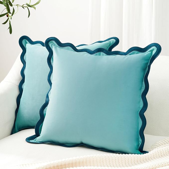 MONDAY MOOSE Decorative Throw Pillow Covers Cushion Cases, Set of 2 Soft Velvet Scalloped Wavy Edge Designs, Mix and Match for Home Decor, Pillow Inserts Not Included (20x20 inch, Blue/Light Blue)