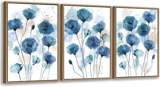 Large Flowers Wall Art for Living Room Natural Wood Float Framed Art Set of 3 Blue Floral Canvas Pictures Abstract Artwork Blossom Canvas Prints for Bedroom Kitchen Home Office Wall Decor 20"X28"X3