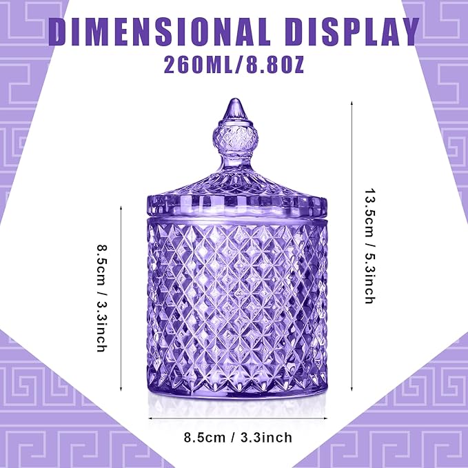 Aoriher 4 Pcs Crystal Glass Candy Jar Set with Lids Home Decorative Storage Jars for Apothecary, Bathroom, Kitchen, and Pantry, Ideal for Cotton Swabs and Jewelry(Medium,Light Purple)