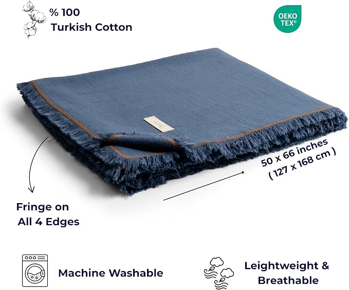 Odin Waffle Throw Blanket with Tassels, 50x66 Inch, 100% Turkish Cotton, Oeko-TEX Certified, Breathable Lightweight Throw for Couch, Sofa & Bed, Made in Turkey, Denim