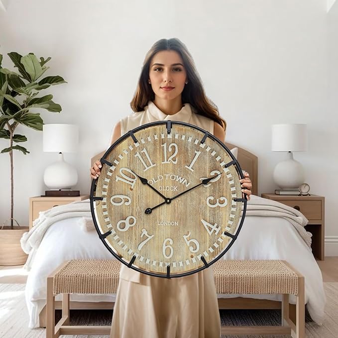 EMAX HOME 24 Inch Large Farmhouse Wall Clock - Rustic Antique Wood, Silent Battery Operated Clock for Office Kitchen Bedroom Living Room