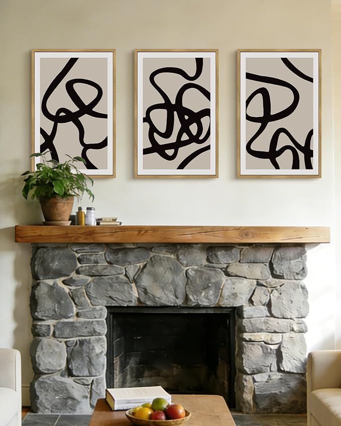 PHOPAGO Black and Gray Abstract Framed Wall Art Large 16x24in Decor Ink Wash Dark Brush Stroke Prints Shapes Illustrations Modern Art Decorative Ready To Hang - Natural Framed
