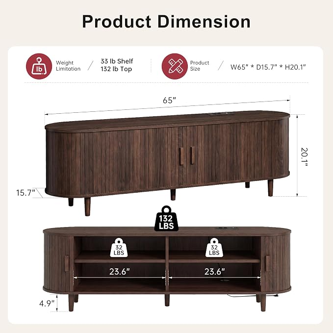 65" Mid Century Modern TV Stand, Wood TV Consoles with Sliding Doors and Power Outlet, Fluted Entertainment Center with Adjustable Shelves, Media Console for Living Room, Walnut