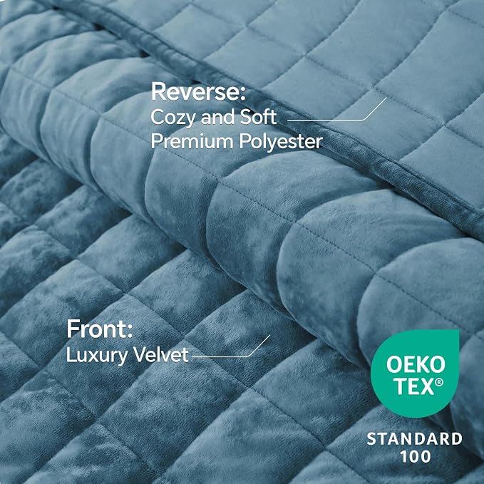 BEDELITE Velvet Quilt Set King Size - Luxury Soft Velvet Comforter Bedding Set for All Season, Lightweight Quilted Box Stitch Oversized Bedspread Coverlet with 2 Matching Shams, Blue