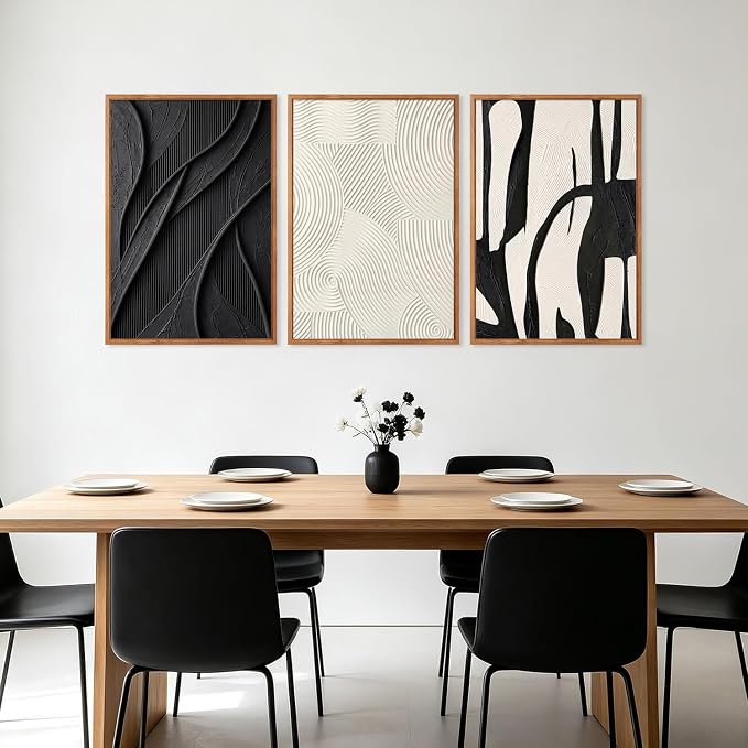 CHDITB 3D Textured Framed Canvas Wall Art Set, Black White Geometric Abstract Curve Impasto Minimalist Wall Decor, Modern Relief Art Prints for Living Room Hallway Bedroom Home Wall Decor 24"x36"x3