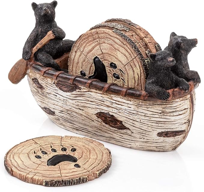 Bear Coasters Set of 6 Full Size Rustic Coasters in Handmade Canoe with Adorable Black Bear Figurines - Log Cabin Decorations, Rustic Lodge Decor for The Home