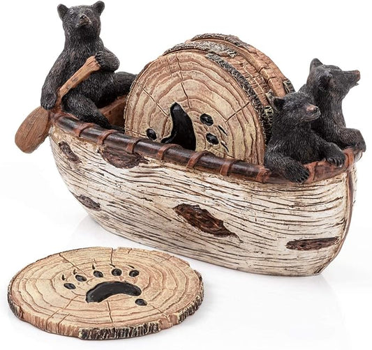 Bear Coasters Set of 6 Full Size Rustic Coasters in Handmade Canoe with Adorable Black Bear Figurines - Log Cabin Decorations, Rustic Lodge Decor for The Home